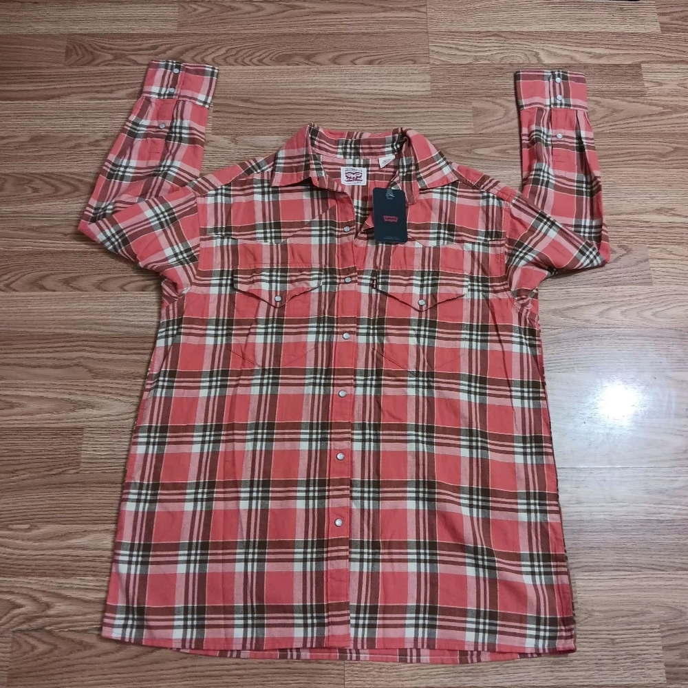 Levis Shirt Mens XS Pink Coral Tan Plaid Flannel Pearl Snap Long Sleeve Western
